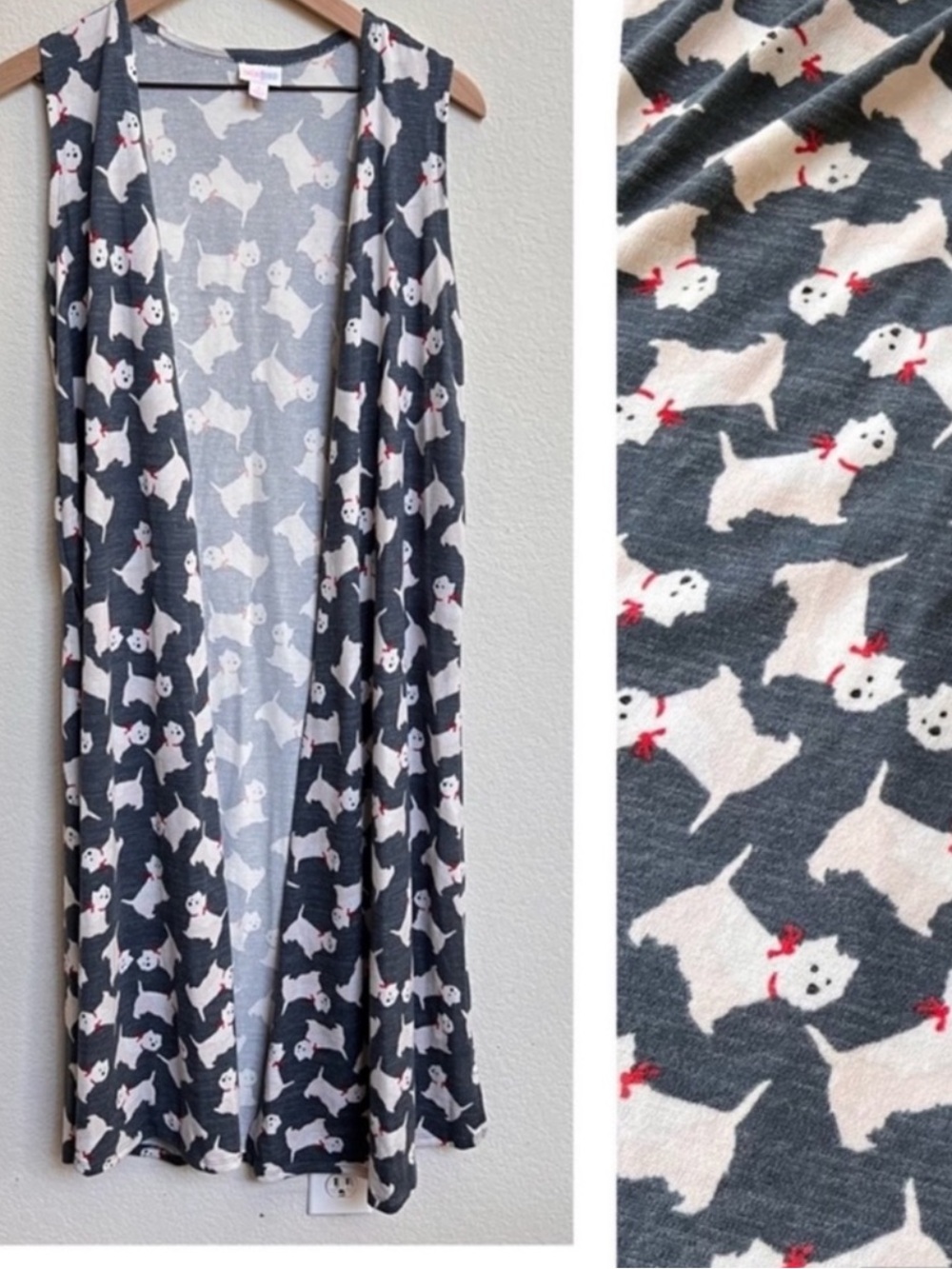 LuLaRoe "Joy'" Long Duster Vest White Terrier (Westie) dog print size S